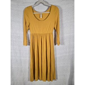 Coco Mustard Yellow Empire Waist Midi Dress 3/4 Sleeve Large Minimalist‎ Boho